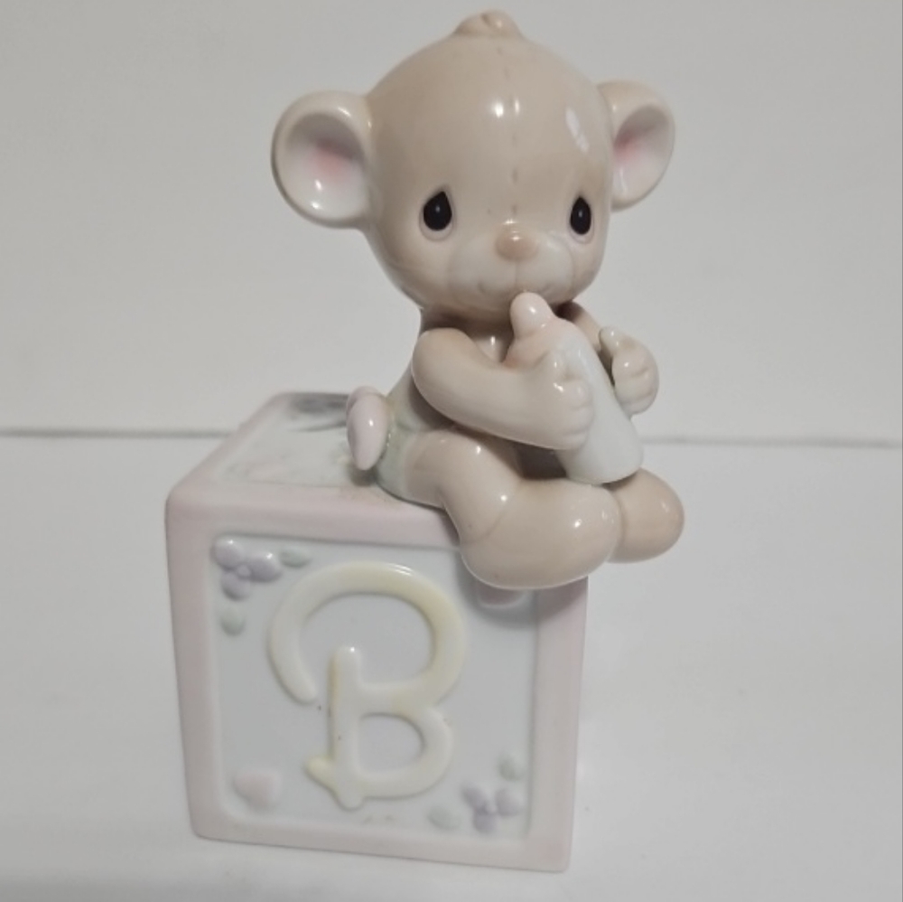Vintage Enesco Precious Moments Monkey Bank Block Porcelain  BABY nursery 1990